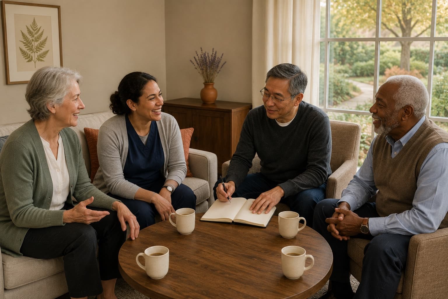 Four care-industry leaders — including a nurse in scrubs — gathered around a coffee table inside a residential-care facility lounge, mid-conversation