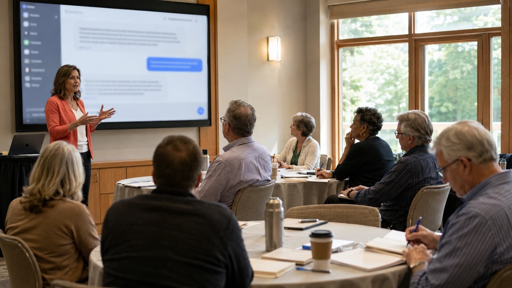 Care-home and hospice operators in a hands-on AI workshop, taking notes around long tables while a facilitator presents at the front of the room