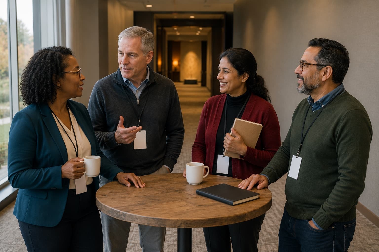 Four care-facility operators in business-casual attire chatting around a small table at an industry conference workshop break