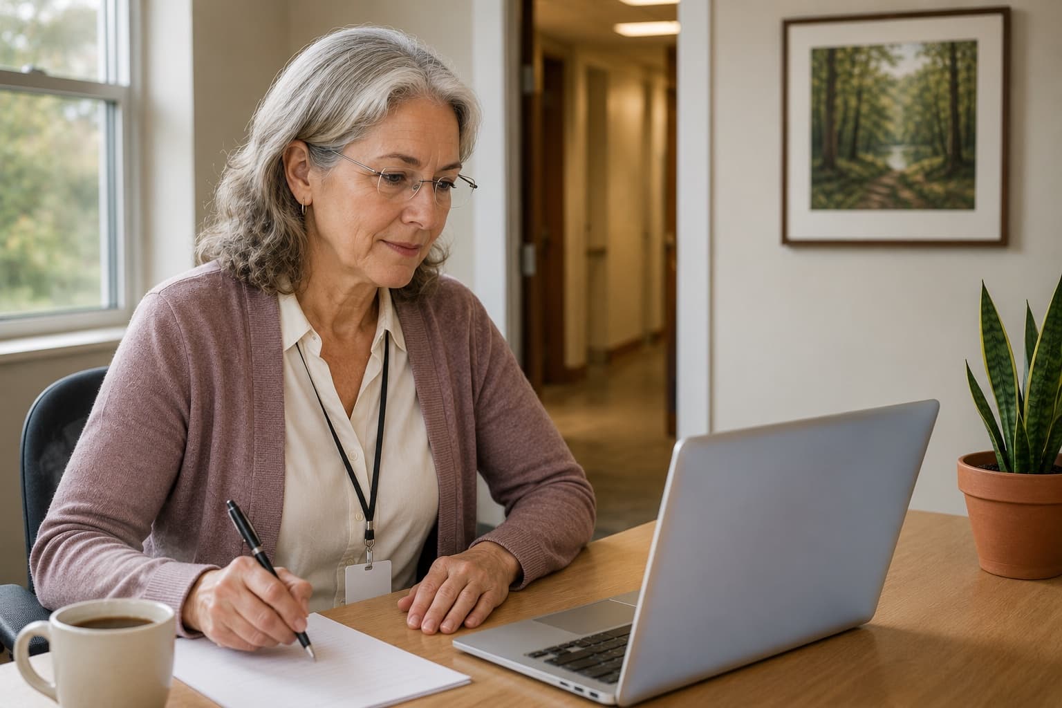 A care-home administrator in her facility office attending the CareMAR AI workshop online, taking notes beside her laptop